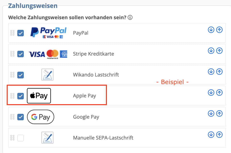 Screenshot der Zahlungsweisen in den Formular Einstellungen