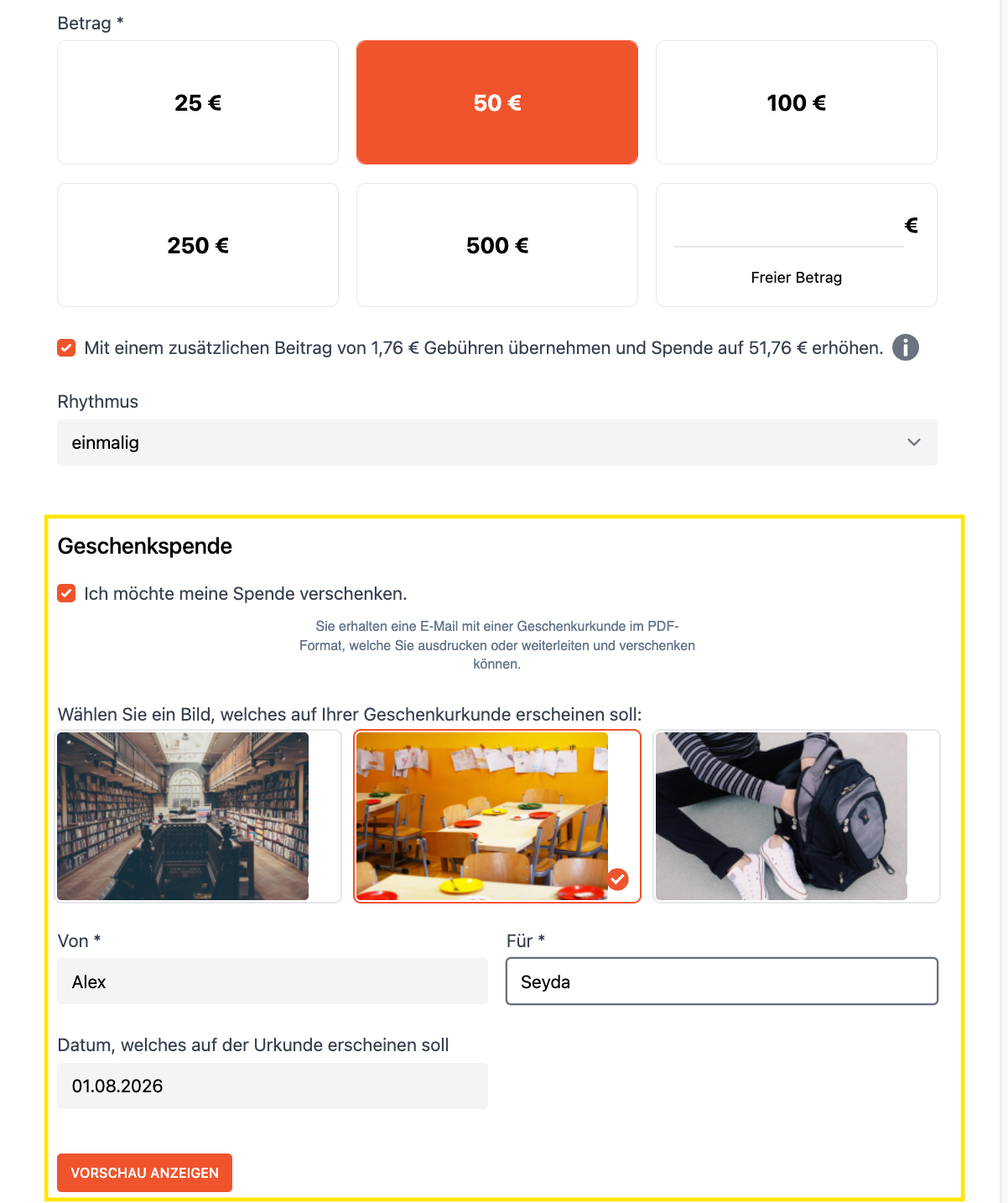 Screenshot von der Geschenkspendenfunktion im Formular.