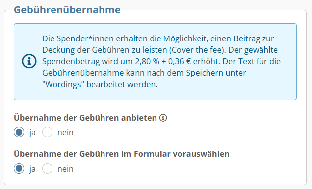 Screenshot von der Einstellungs-Option für die Gebührenübernahme