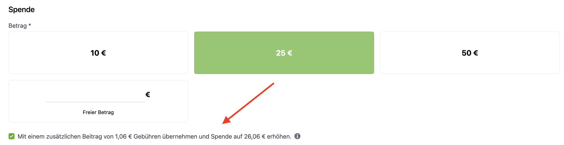Screenshot der Gebührenübernahme im Formular