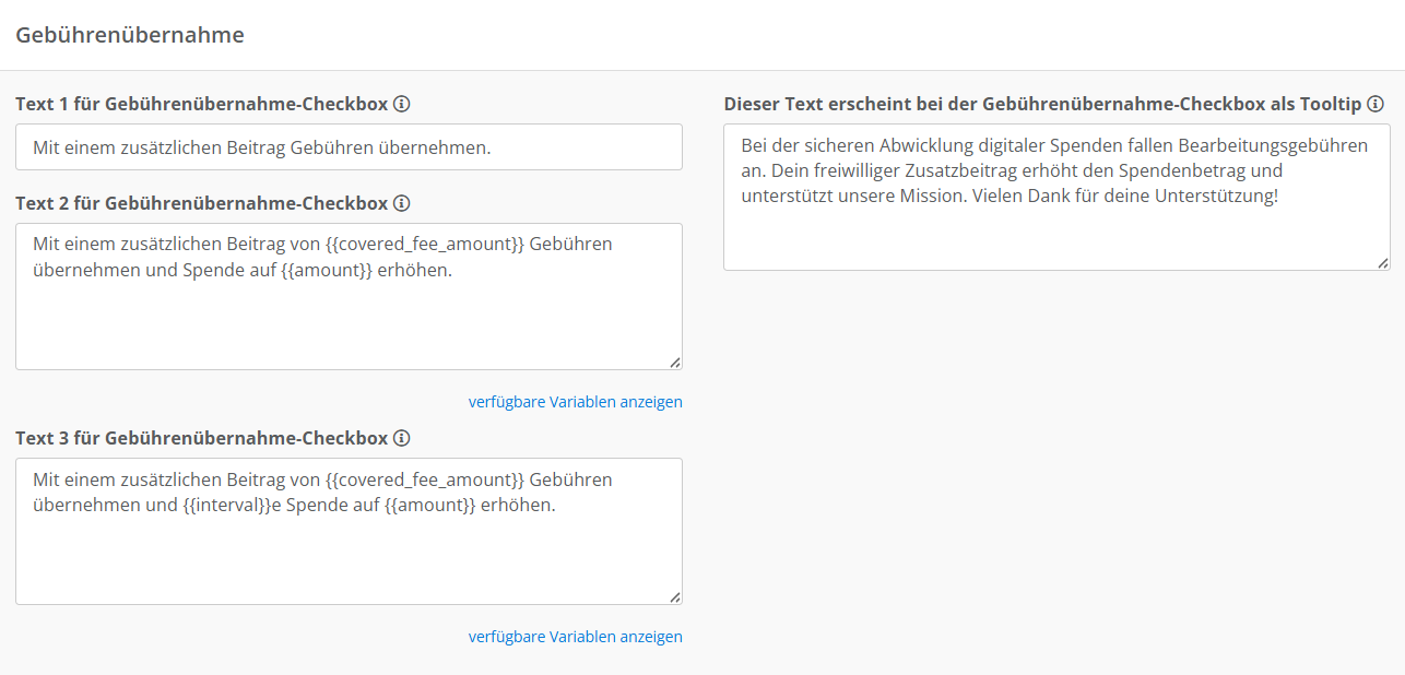 Screenshot der Wording-Einstellungen