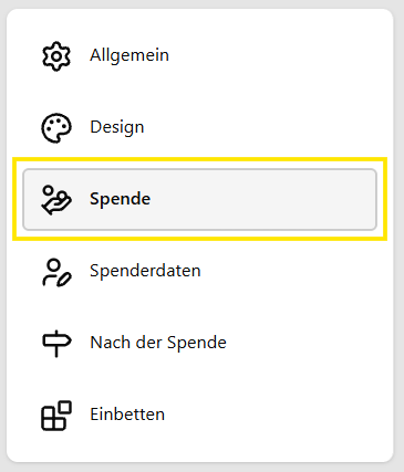 Screenshot des Menüs für die Expressformulare mit dem Punkt Spende