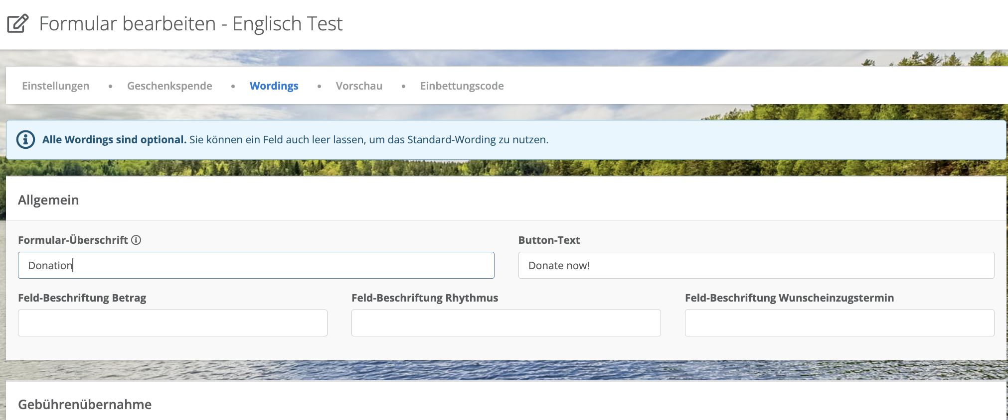 Screenshot Wordings konfigurieren