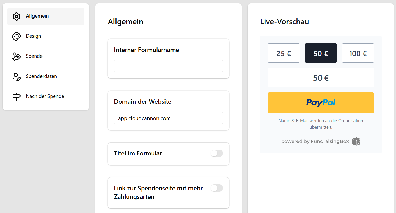 Aufbau des Expressformular-Editors mit Navigation, Bearbeitungsbereich und Live-Vorschau