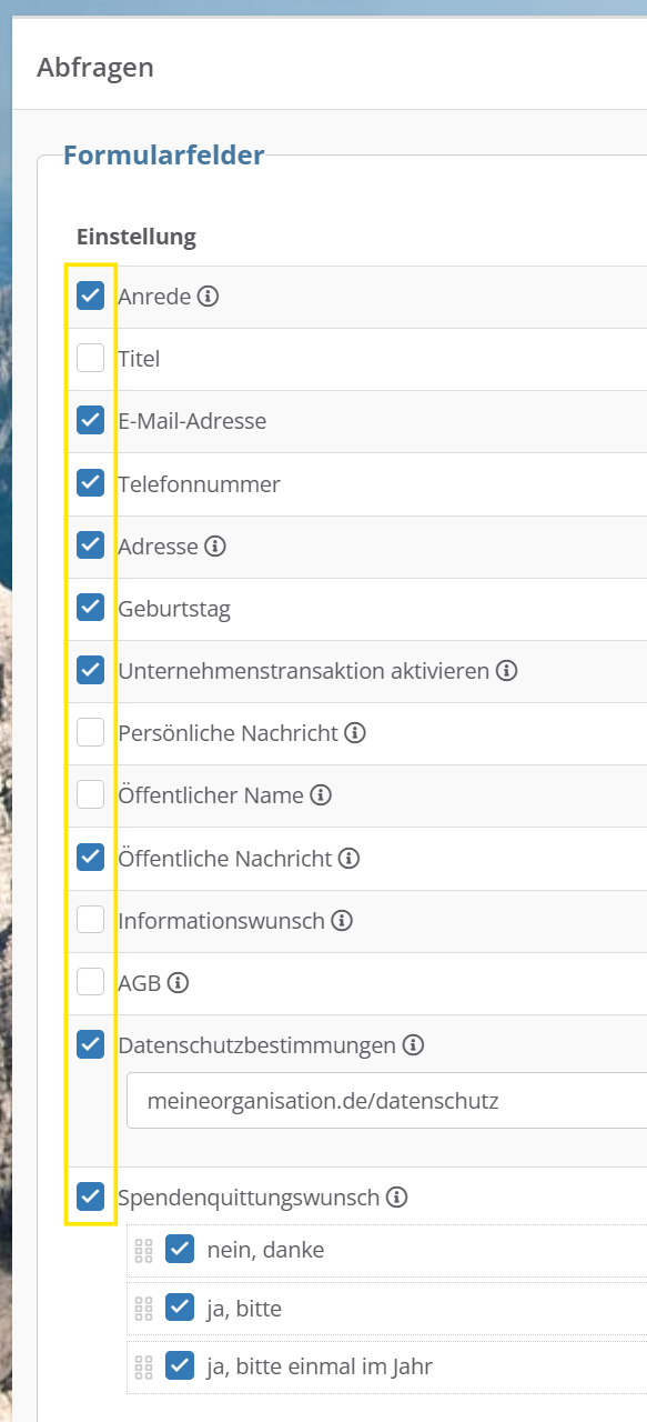 Beispielscreenshot, wie eine Konfiguration für die Formularfelder aussehen kann