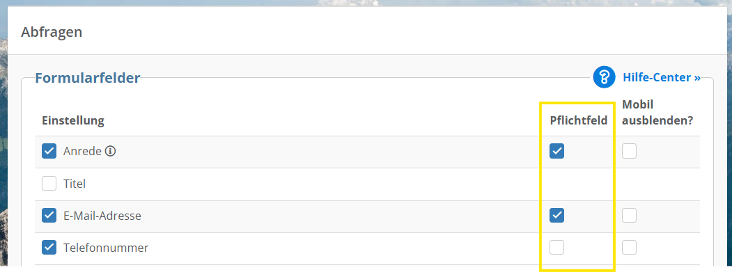 Screenshot für die Konfiguration der Pflichtfelder