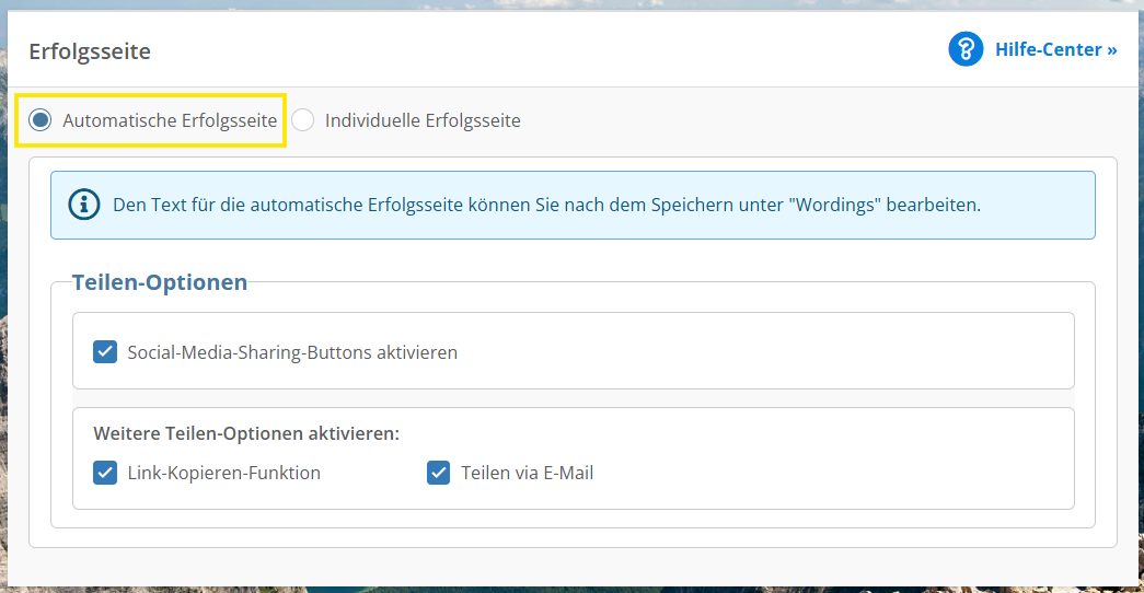 Screenshot der aktiven Einstellung für die Automatische Erfolgsseite