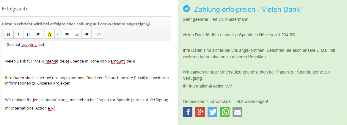Automatische Erfolgsseite im Bereich Wordings bearbeiten