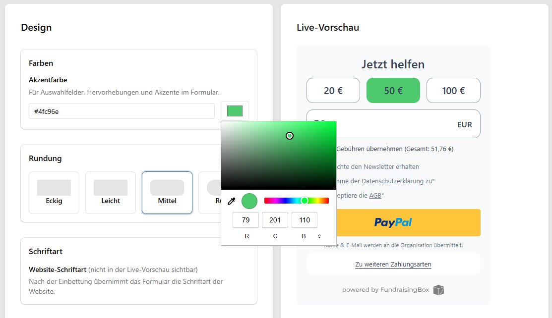 Design-Einstellungen mit Farbauswahl, Rundung und Live-Vorschau des Expressformulars