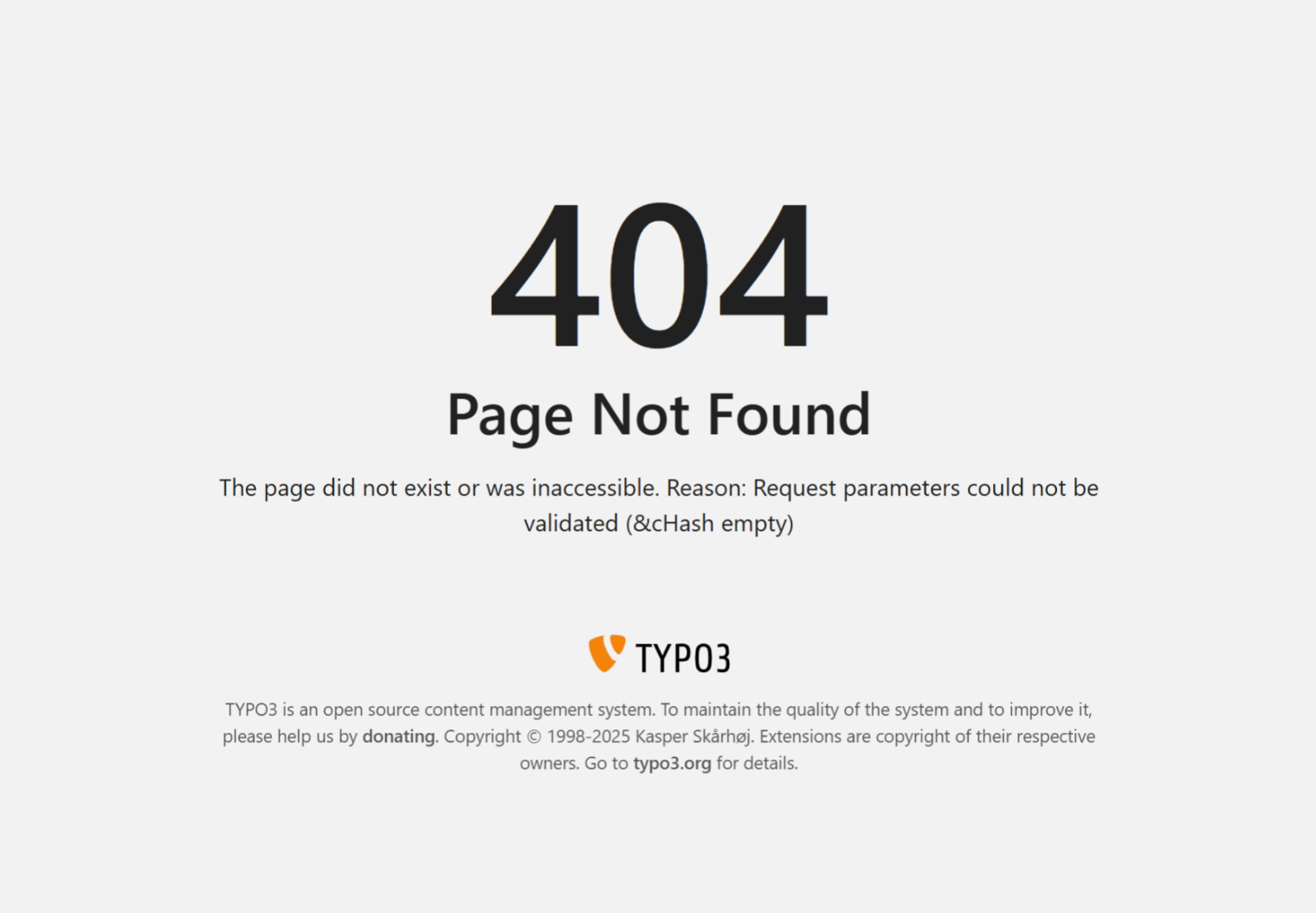  Beispiel für einen 404-Fehler in TYPO3 mit dem Hinweis „Request parameters could not be validated (&cHash empty)“