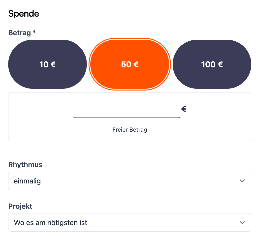 Screenshot: Formular mit per CSS gestalteten Betragsvorschlägen, freiem Betrag, Rhythmus- und Projektauswahl