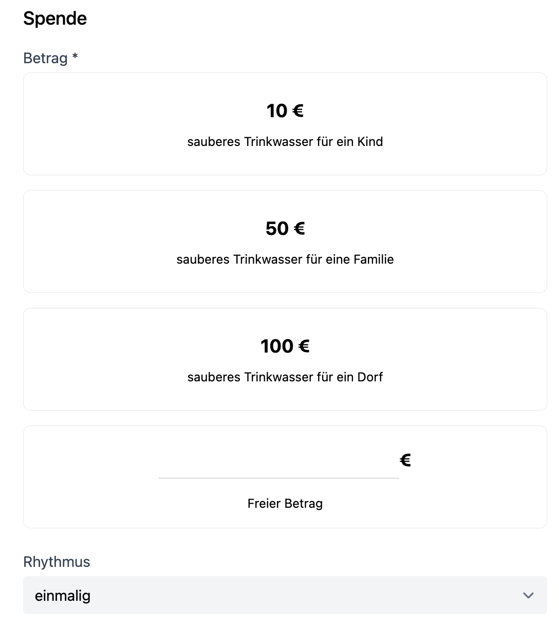 Screenshot: Spendenformular mit beschriebenen Betragsvorschlägen, freiem Betrag und Rhythmusauswahl