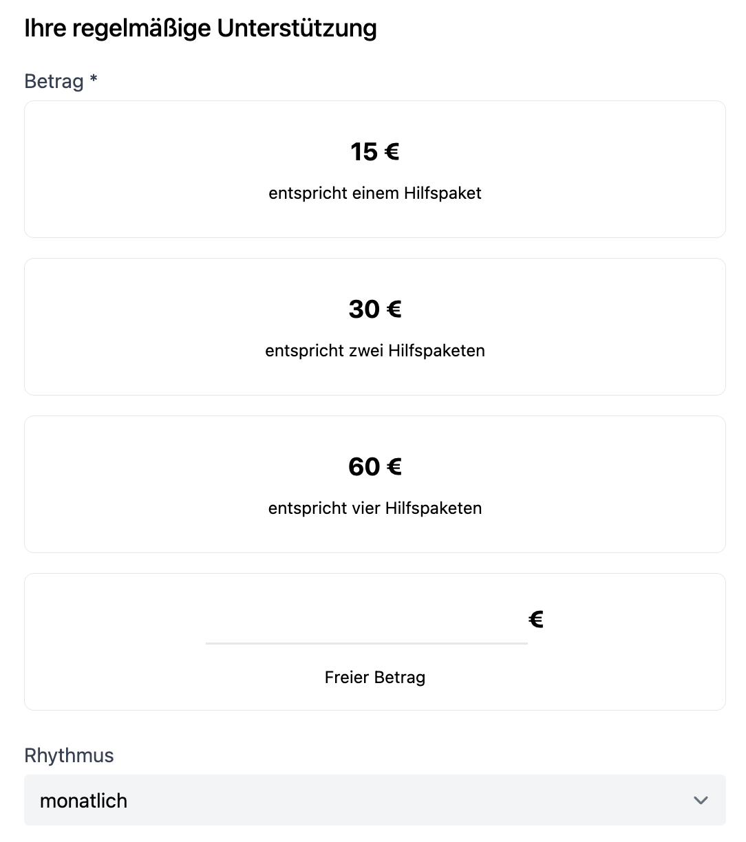 Screenshot: Dauerspendenformular mit Betragsvorschlägen, freiem Betrag und wiederkehrendem Spendenrhythmus