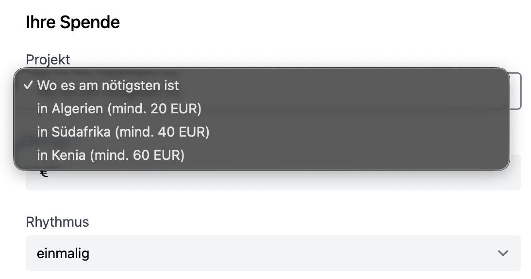 Screenshot: Projektauswahl mit unterschiedlichen Mindestbeträgen und freiem Betragsfeld