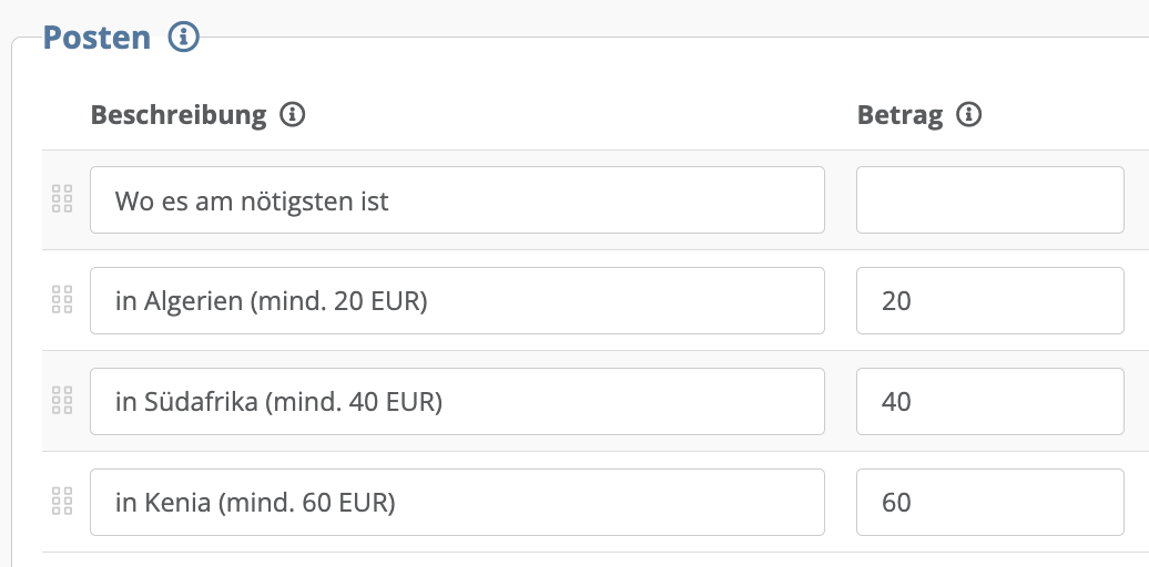 Screenshot verschiedener Posten in den Formular Einstellungen