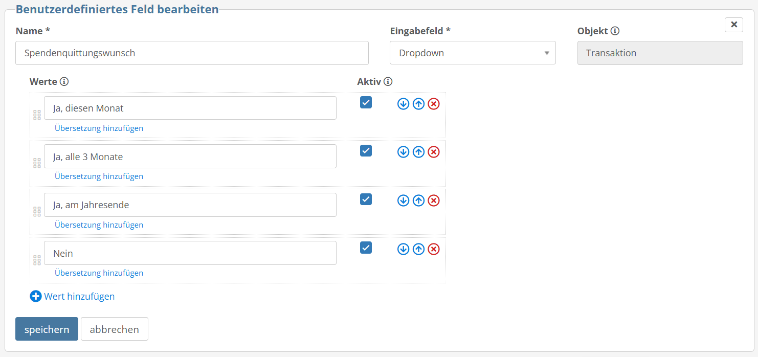 Screenshot: Benutzerdefiniertes Dropdown-Feld für den Spendenquittungswunsch mit mehreren Auswahlmöglichkeiten