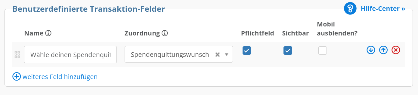 Screenshot: Benutzerdefiniertes Transaktions-Feld im Formular mit Zuordnung zum Spendenquittungswunsch