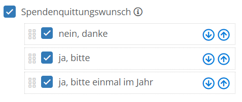 Screenshot der Standardoptionen für den Spendenquittungswunsch