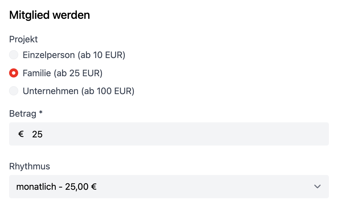 Screenshot: Mitgliedschaftsformular mit verschiedenen Mindestbeiträgen und monatlichem Rhythmus
