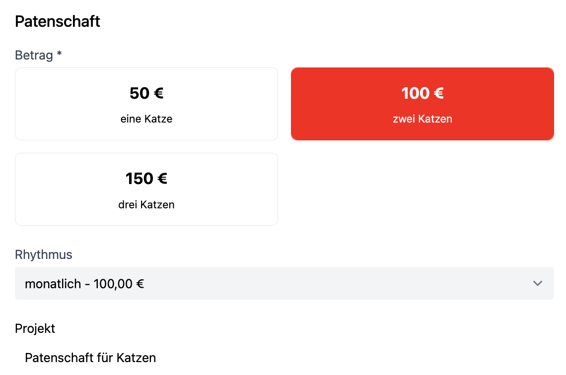 Screenshot: Patenschaftsformular mit festen Monatsbeträgen und vorausgewähltem Projekt