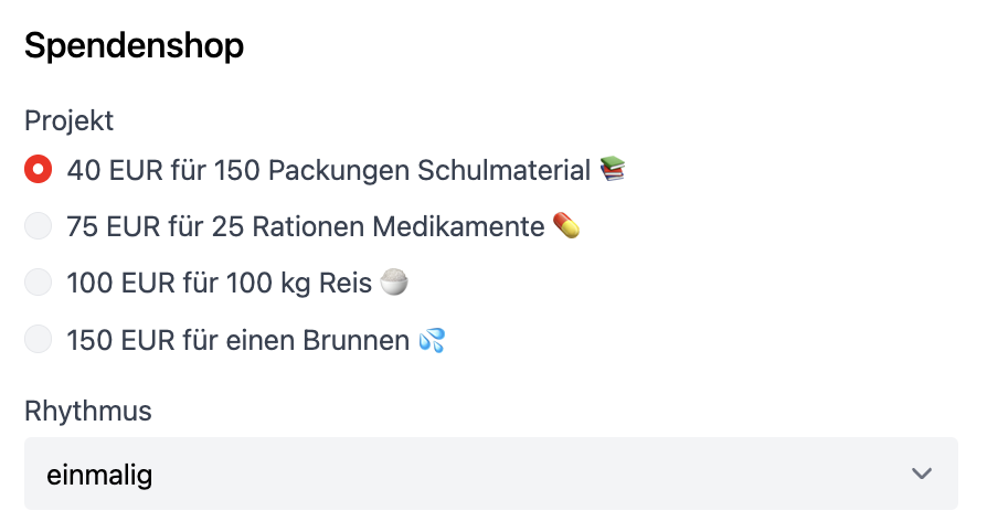 Screenshot: Einfacher Spendenshop mit vier Unterprojekten und jeweils festgelegtem Spendenbetrag