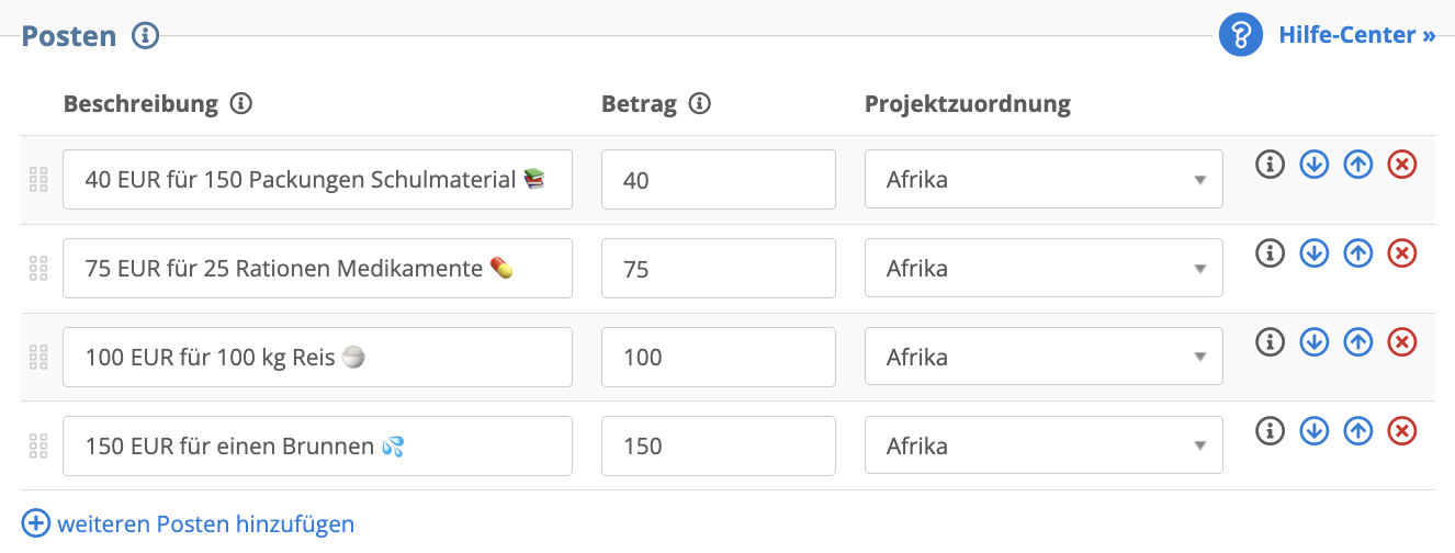 Screenshot der Posten-Konfiguration in den Formular Einstellungen