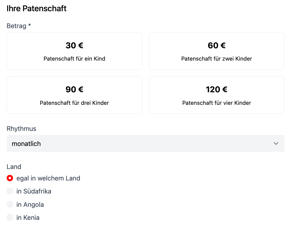 Screenshot: Patenschaftsformular mit festen monatlichen Beträgen, Rhythmus und Auswahl eines Landes