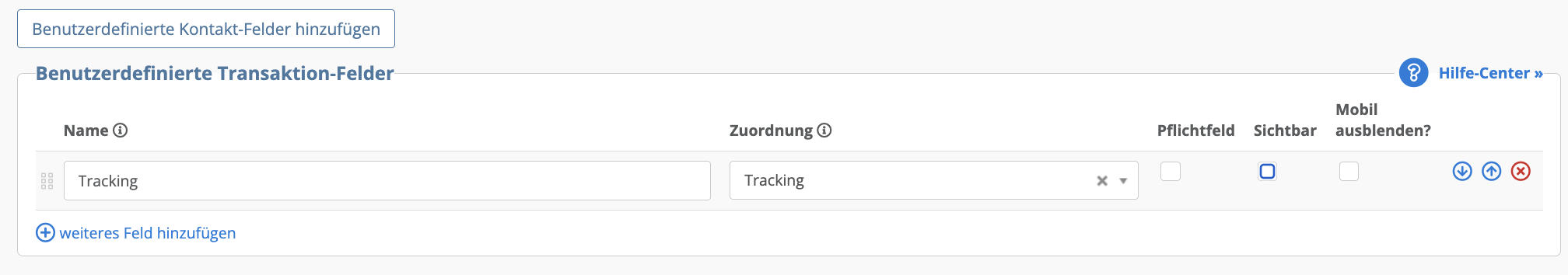 Nicht sichtbares benutzerdefiniertes Transaktion-Feld mit Tracking-Zuordnung