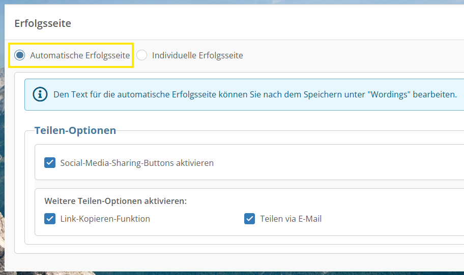 Screenshot für die Konfiguration der Automatischen Erfolgsseite