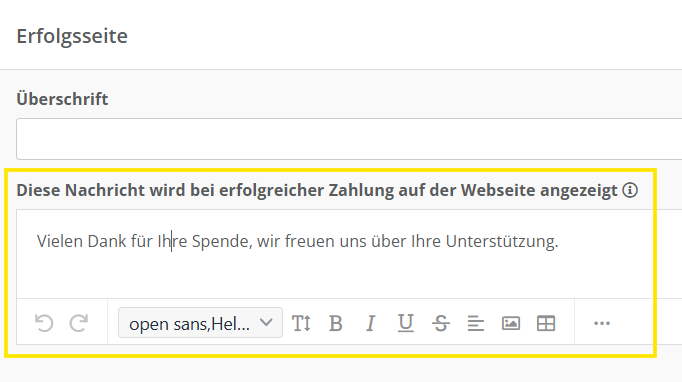 Screenshot des Textfelds für Wordings bei der Erfolgsseite