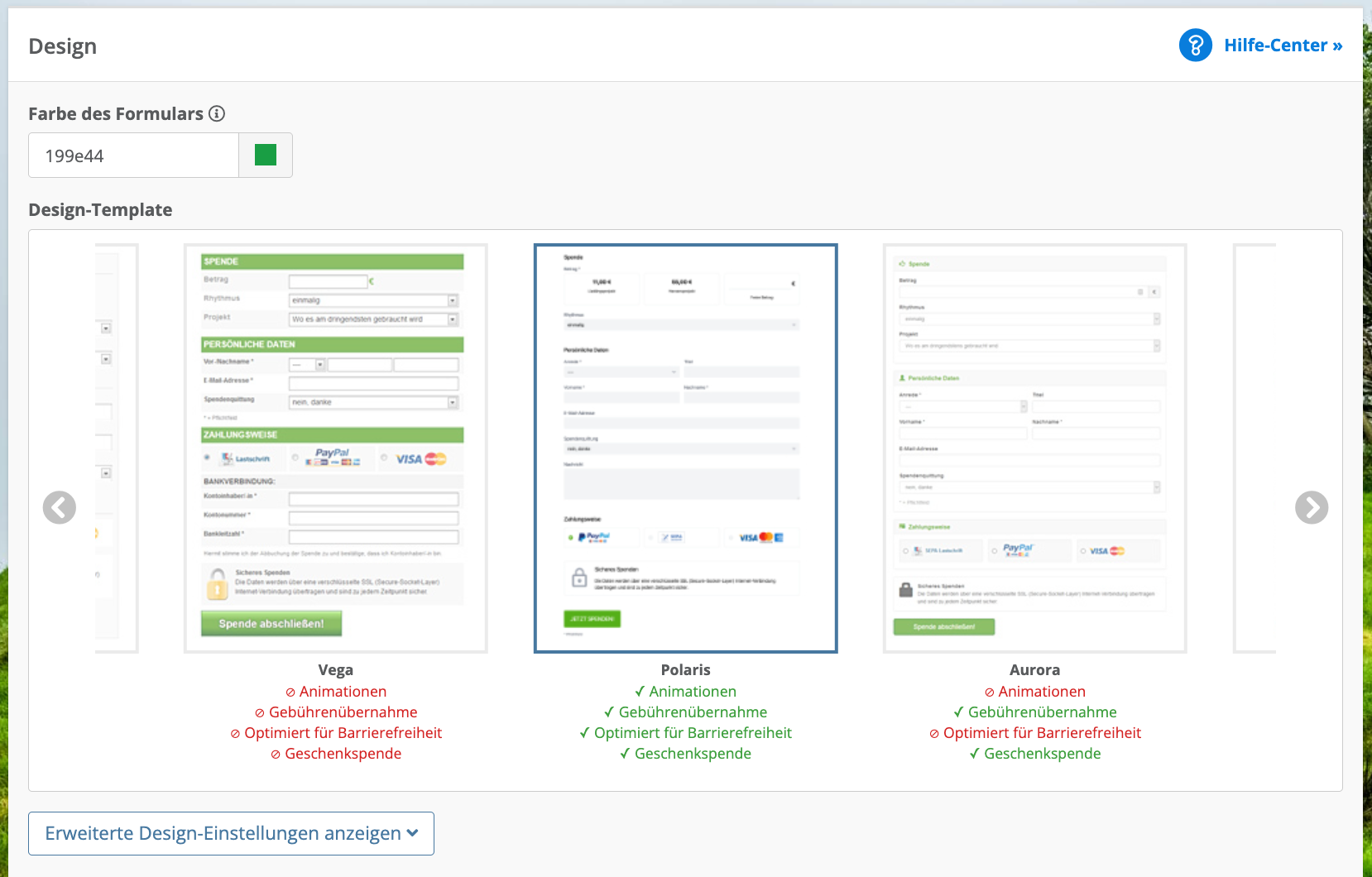 Screenshot: Design-Einstellungen des Formulars