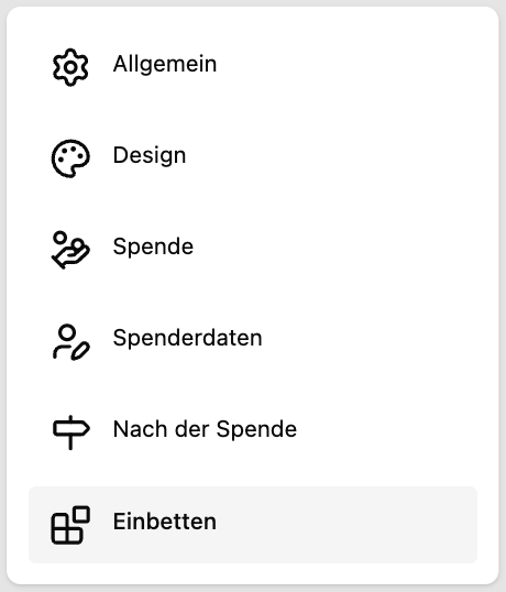 Navigationsbereich des Expressformular-Editors mit dem Menüpunkt Einbetten