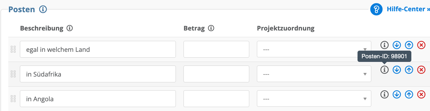 Screenshot: Posten-ID über das Informationssymbol anzeigen
