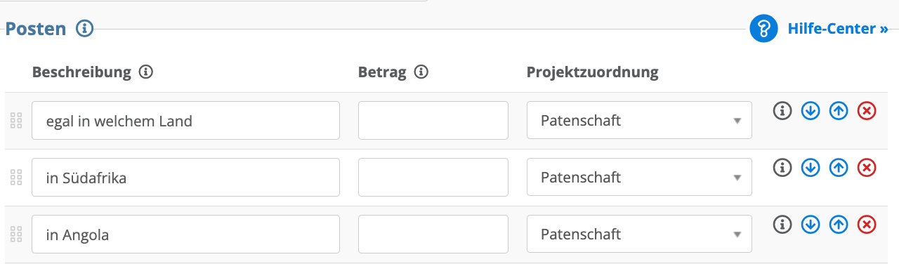 Screenshot: Mehrere Posten mit der gemeinsamen Projektzuordnung "Patenschaft"
