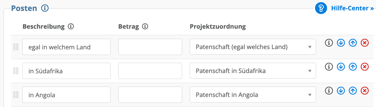 Screenshot: Unterschiedliche Projektzuordnungen für einzelne Posten