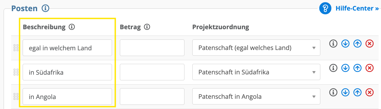 Screenshot: Posten-Beschreibungen in den Formulareinstellungen