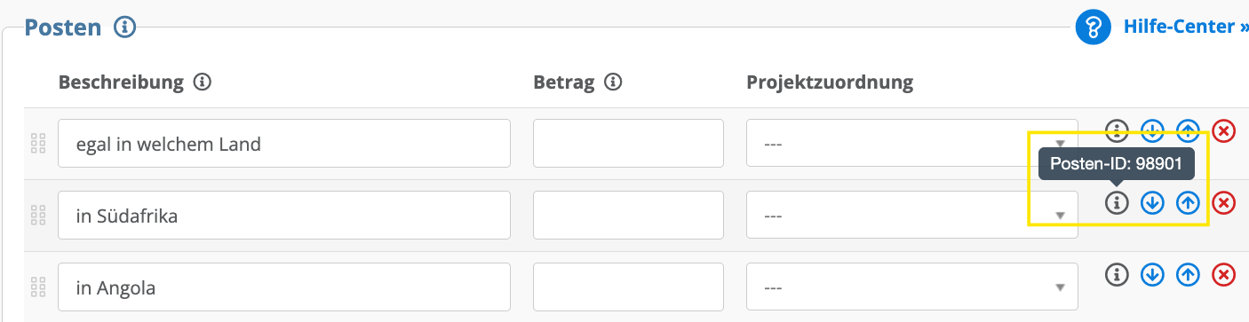 Screenshot: Posten-ID am Informationssymbol eines Postens