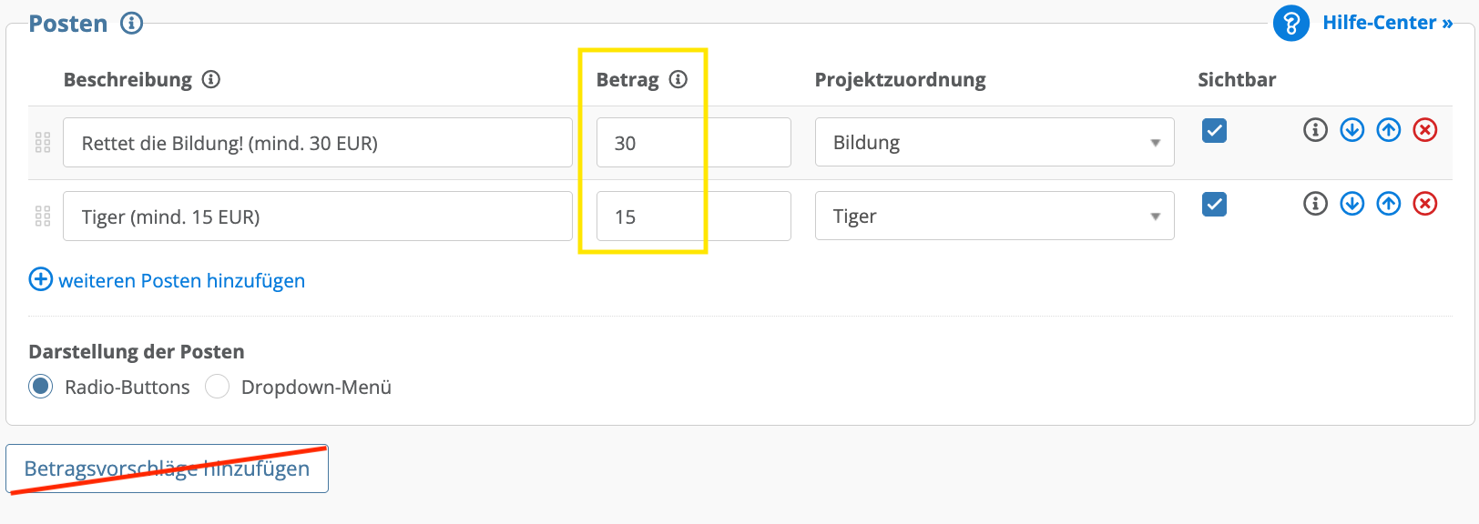 Screenshot: Posten mit hinterlegten Beträgen und Projektzuordnung
