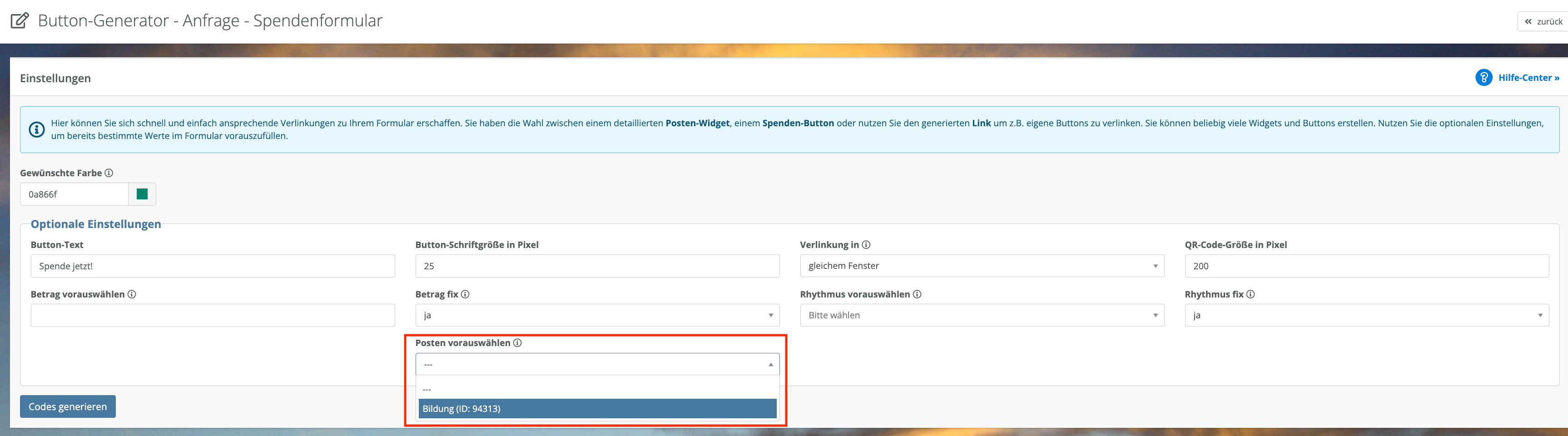 Screenshot: Projekt unter „Posten vorauswählen“ auswählen