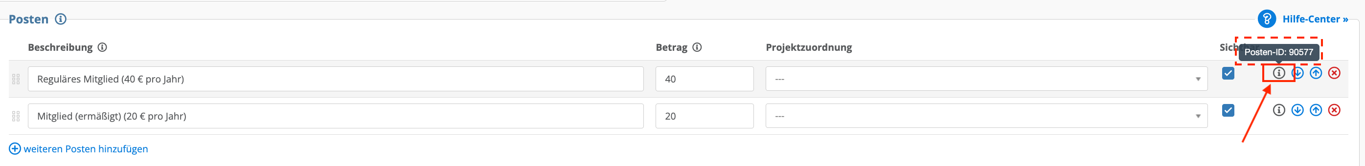 Screenshot: Posten-ID in den Formulareinstellungen