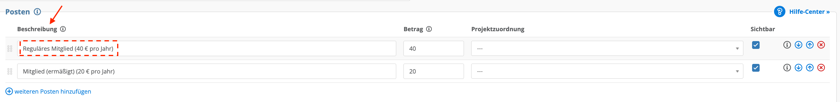 Screenshot: Postenname beziehungsweise Beschreibung in den Formulareinstellungen