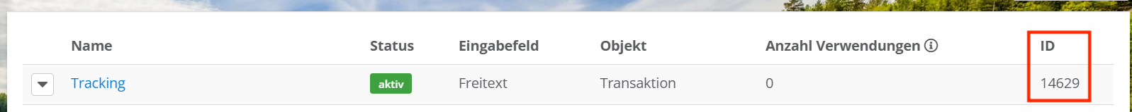 Position der ID in der Übersicht der benutzerdefinierten Felder