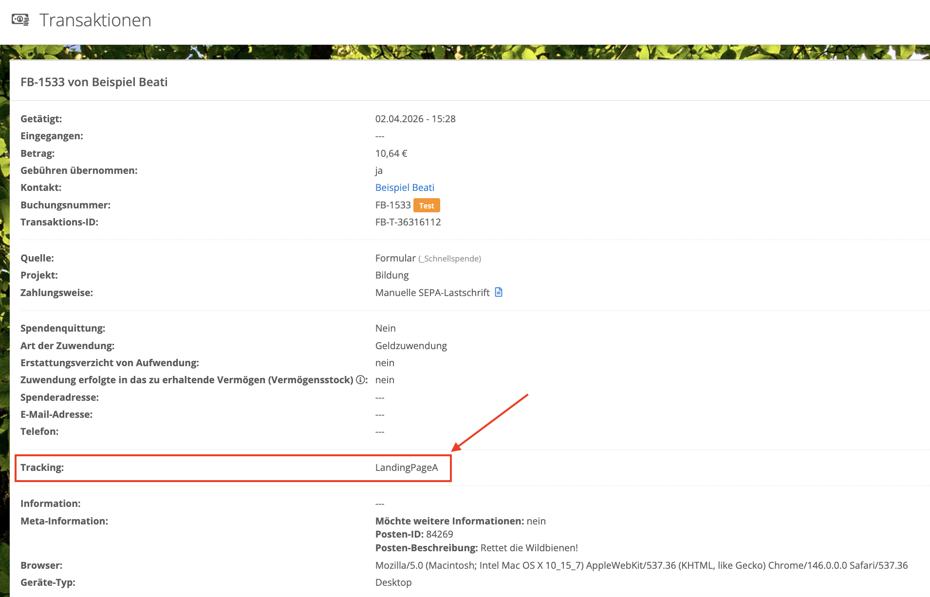 Übergebener Tracking-Wert LandingPageA in den Transaktions-Details