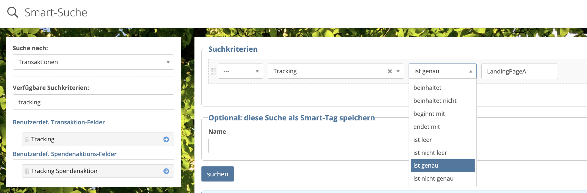 Smart-Suche nach dem Tracking-Wert LandingPageA