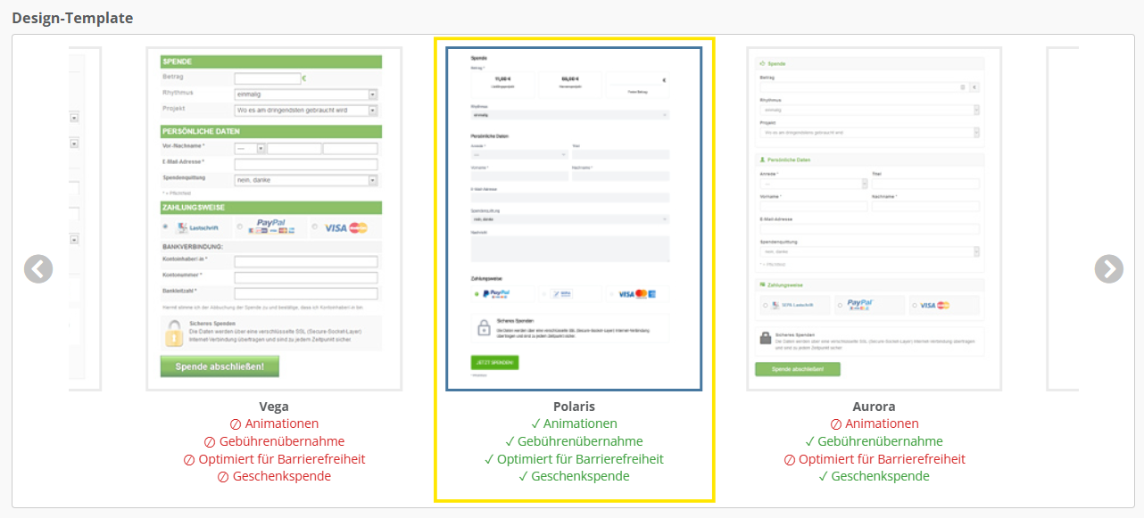 Screenshot der Template Auswahl Polaris