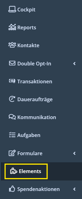 Navigation zum Bereich Elements in der FundraisingBox