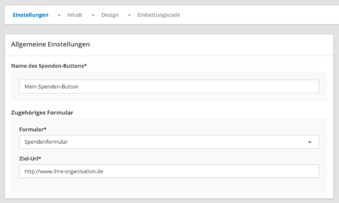 Allgemeine Einstellungen eines Spendenbuttons