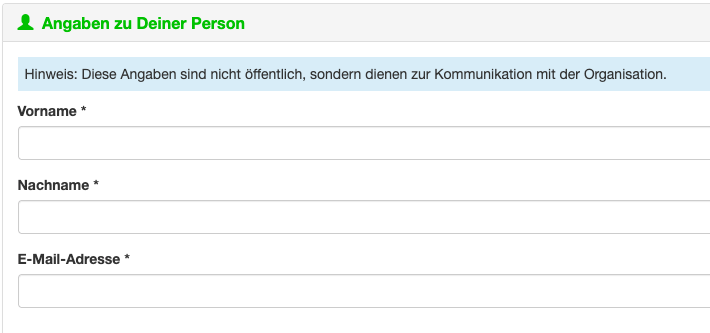 Pflichtfelder für Vorname, Nachname und E-Mail-Adresse im Spendenaktions-Tool