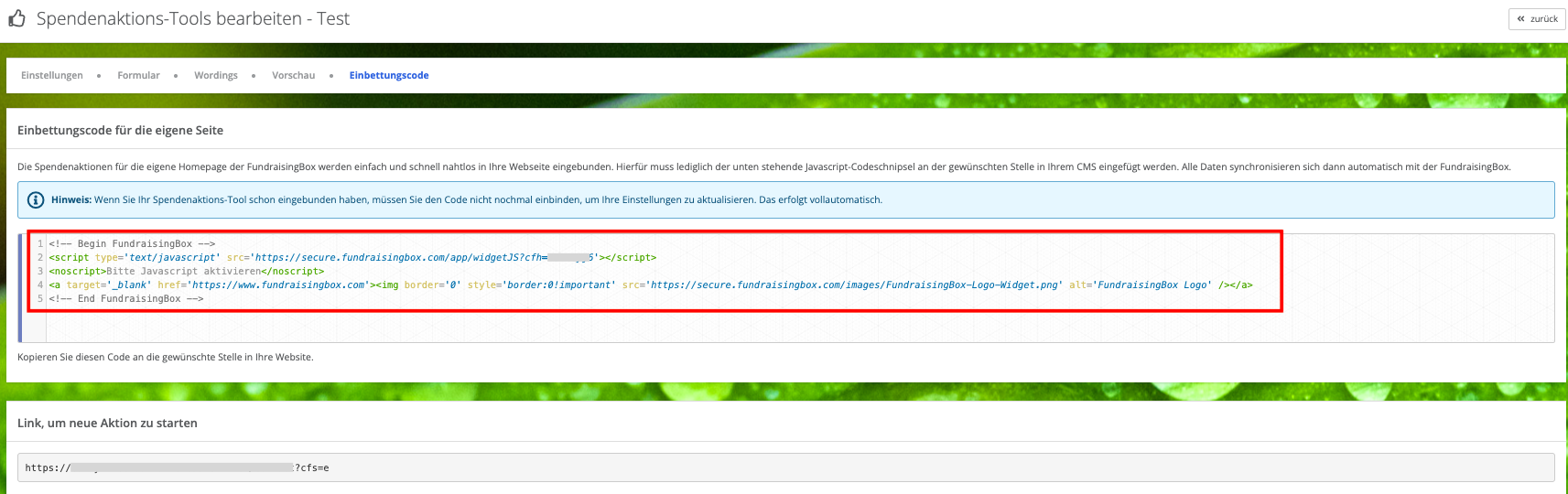 Einbettungscode des Spendenaktions-Tools und Beispiel für die Integration in eine Website