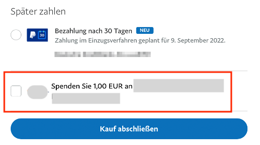 Screenshot: PayPal bietet die Organisation während eines Online-Bezahlvorgangs als zusätzliche Spendenoption an.